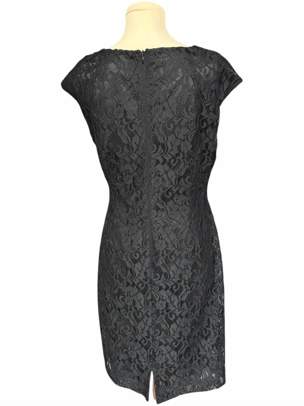 Tahari Arthur S Levine Black Lace Draped Peplum Sheath Dress 8P Petite